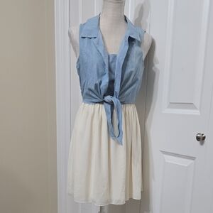 Miss Chievous Sleeveless. Light Blue Denim Cotton Dress with Cream Skirt Sz S
